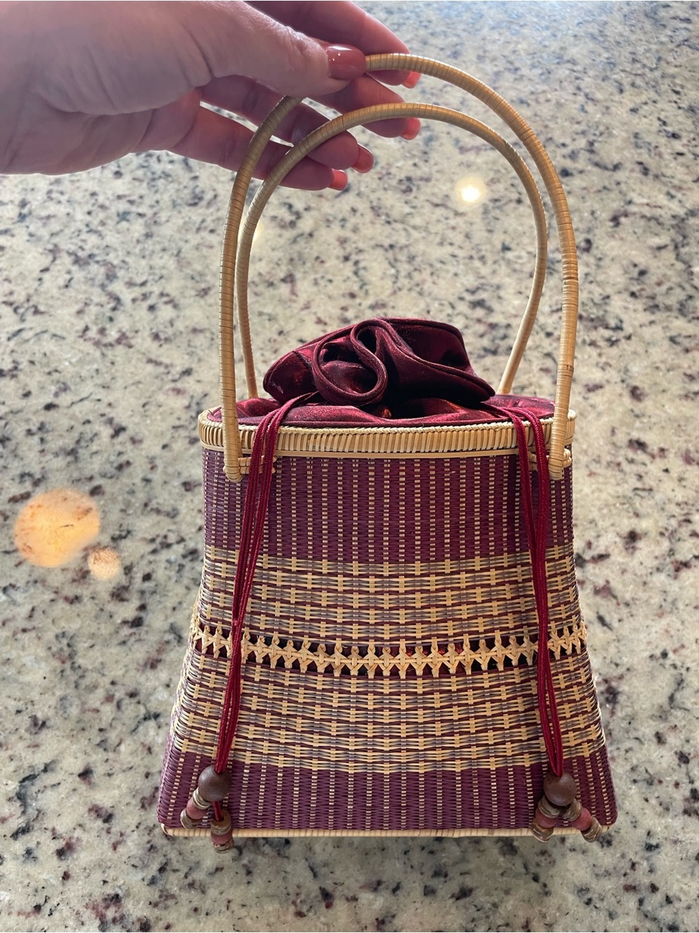 Pristine vintage Woven Burgundy Straw Tote Bag with Drawstring Closure Thailand